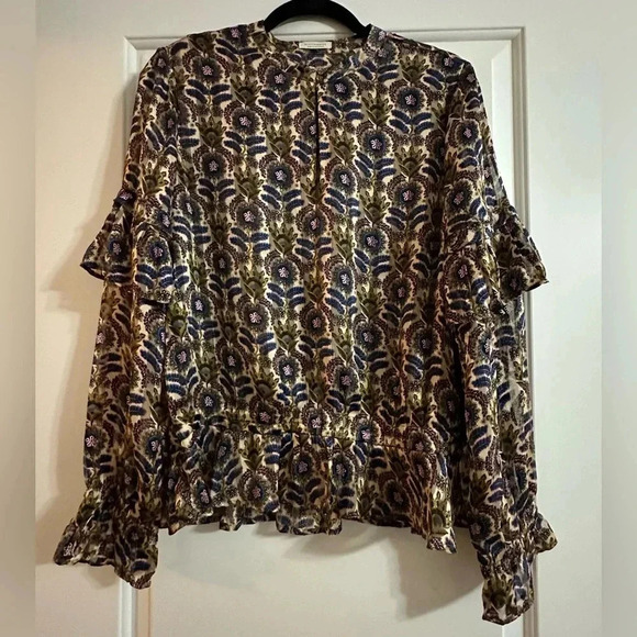 SCOTCH & SODA Ruffle Top Beautiful Floral Blue Pink Black Gold Size Large - Picture 8 of 15
